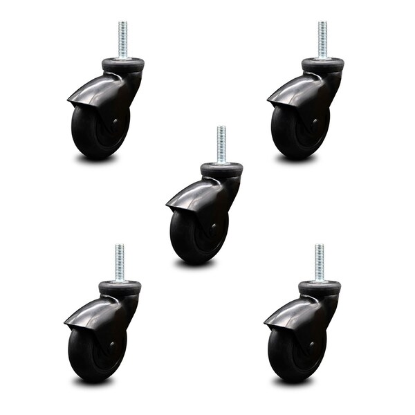 3 Inch Black Hooded Neoprene Rubber 8mm Threaded Stem Casters SCC, 5PK